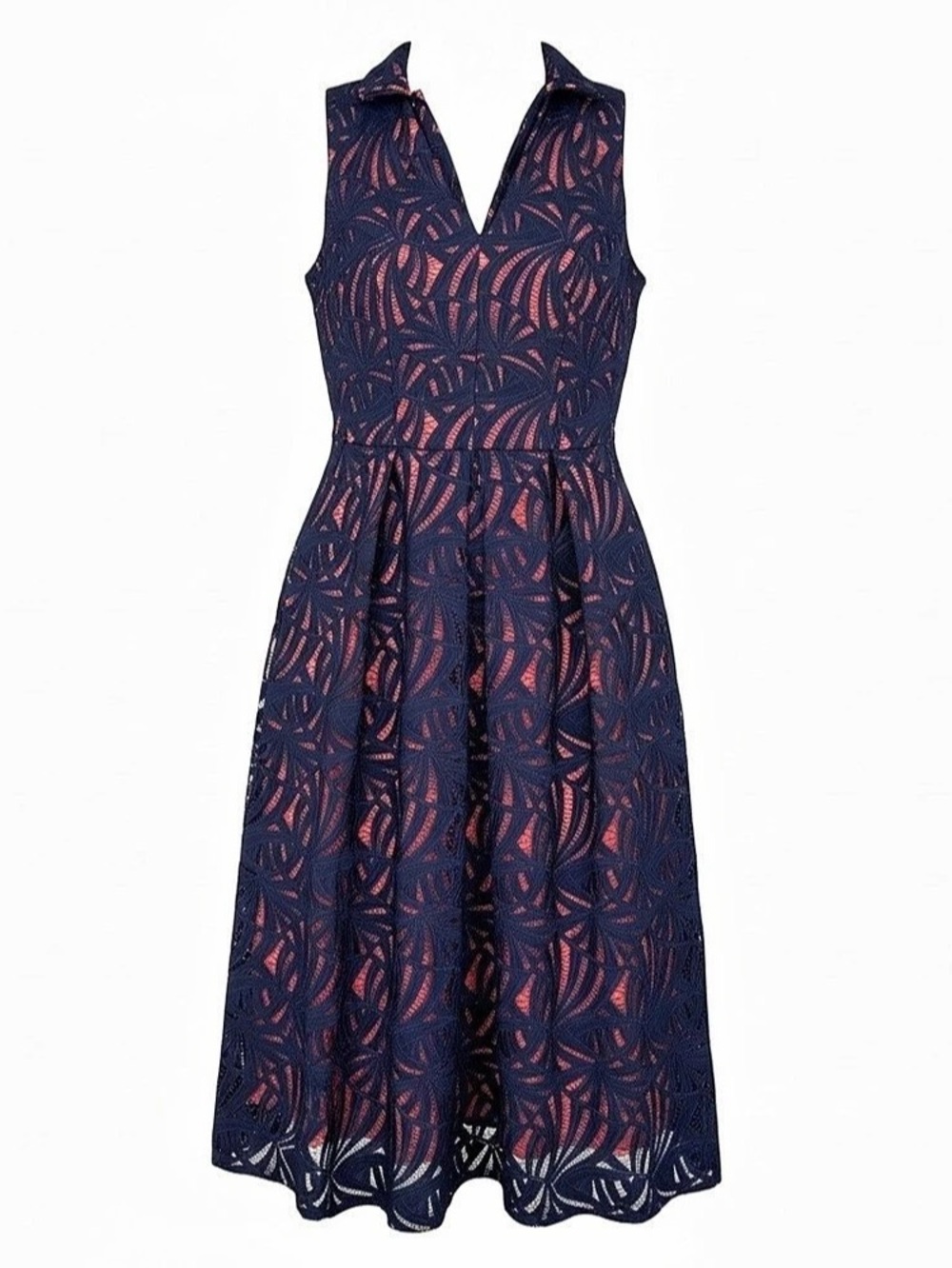 KAY UNGER Lace Overlay Midi Dress in Blue & Pink